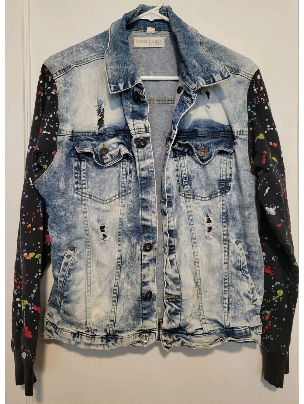 Vintage Evolution In Design Distressed Jean Jacket Sweatshirt M Y2K Splat